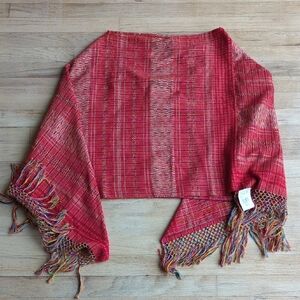 Vibrant Red Woven Shawl with Fringe Handmade In Mexico